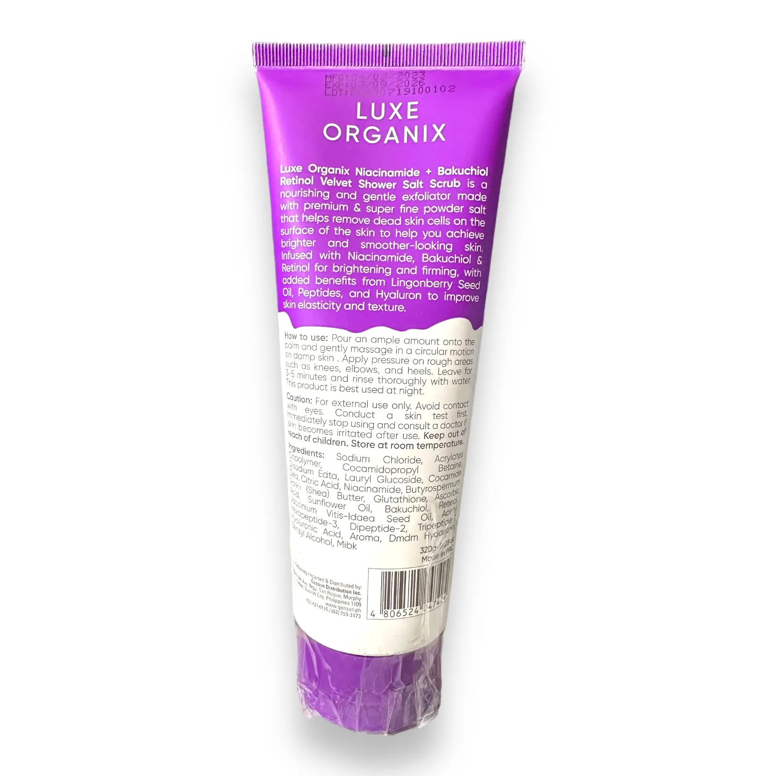Luxe Organix Niacinamide   Bakuchiol Retinol “3X WHITENING & FIRMING” Velvet Shower Salt Scrub 320g ( purple tube )