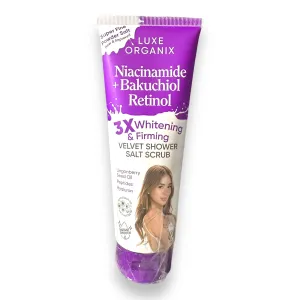 Luxe Organix Niacinamide   Bakuchiol Retinol “3X WHITENING & FIRMING” Velvet Shower Salt Scrub 320g ( purple tube )
