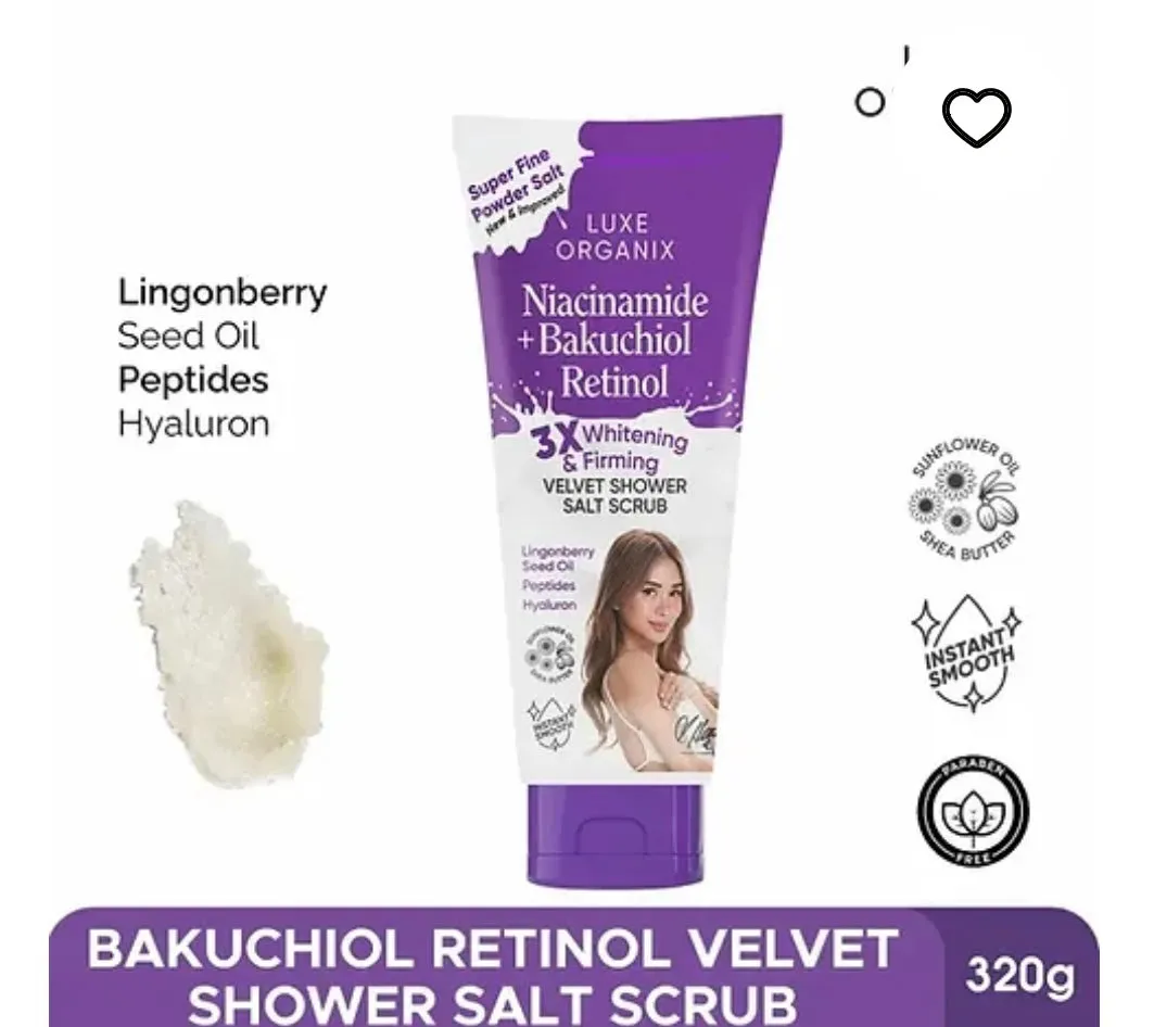 Luxe Organix Niacinamide   Bakuchiol Retinol “3X WHITENING & FIRMING” Velvet Shower Salt Scrub 320g ( purple tube )