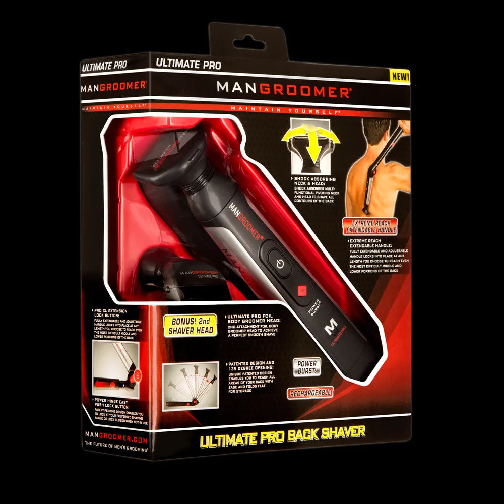 MANGROOMER - ULTIMATE PRO Back Shaver with 2 Shock Absorber Flex Heads, Power Hinge, Extreme Reach Handle and Power Burst