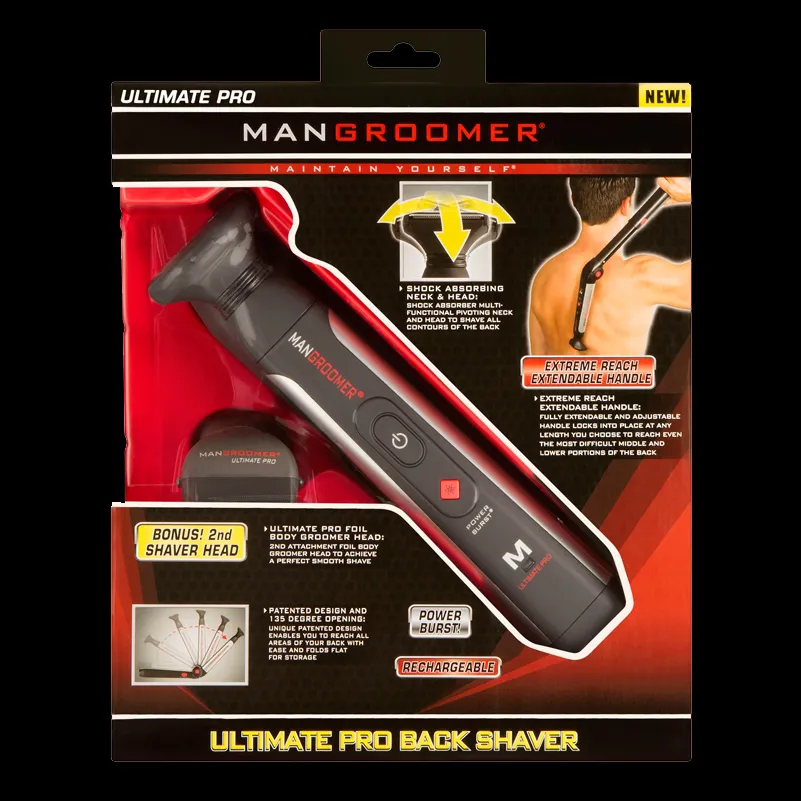 MANGROOMER - ULTIMATE PRO Back Shaver with 2 Shock Absorber Flex Heads, Power Hinge, Extreme Reach Handle and Power Burst