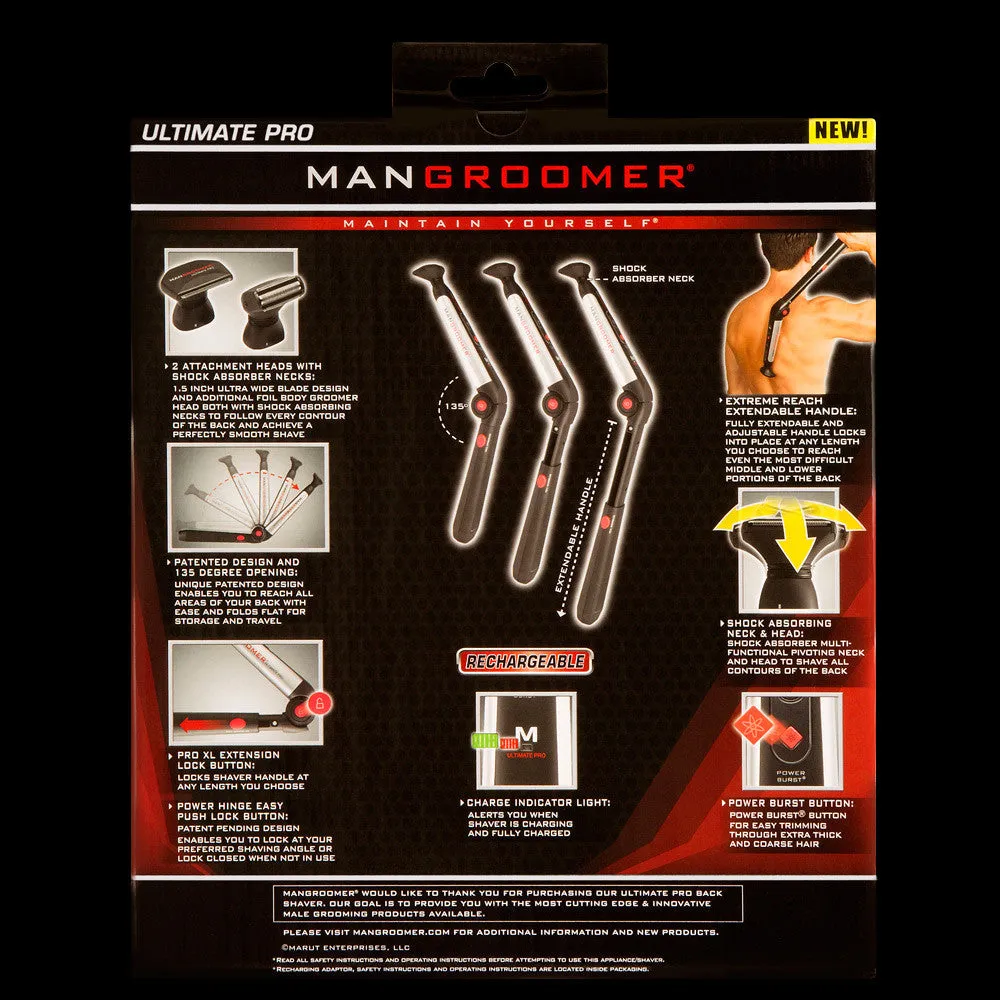 MANGROOMER - ULTIMATE PRO Back Shaver with 2 Shock Absorber Flex Heads, Power Hinge, Extreme Reach Handle and Power Burst