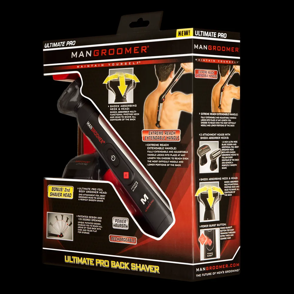 MANGROOMER - ULTIMATE PRO Back Shaver with 2 Shock Absorber Flex Heads, Power Hinge, Extreme Reach Handle and Power Burst