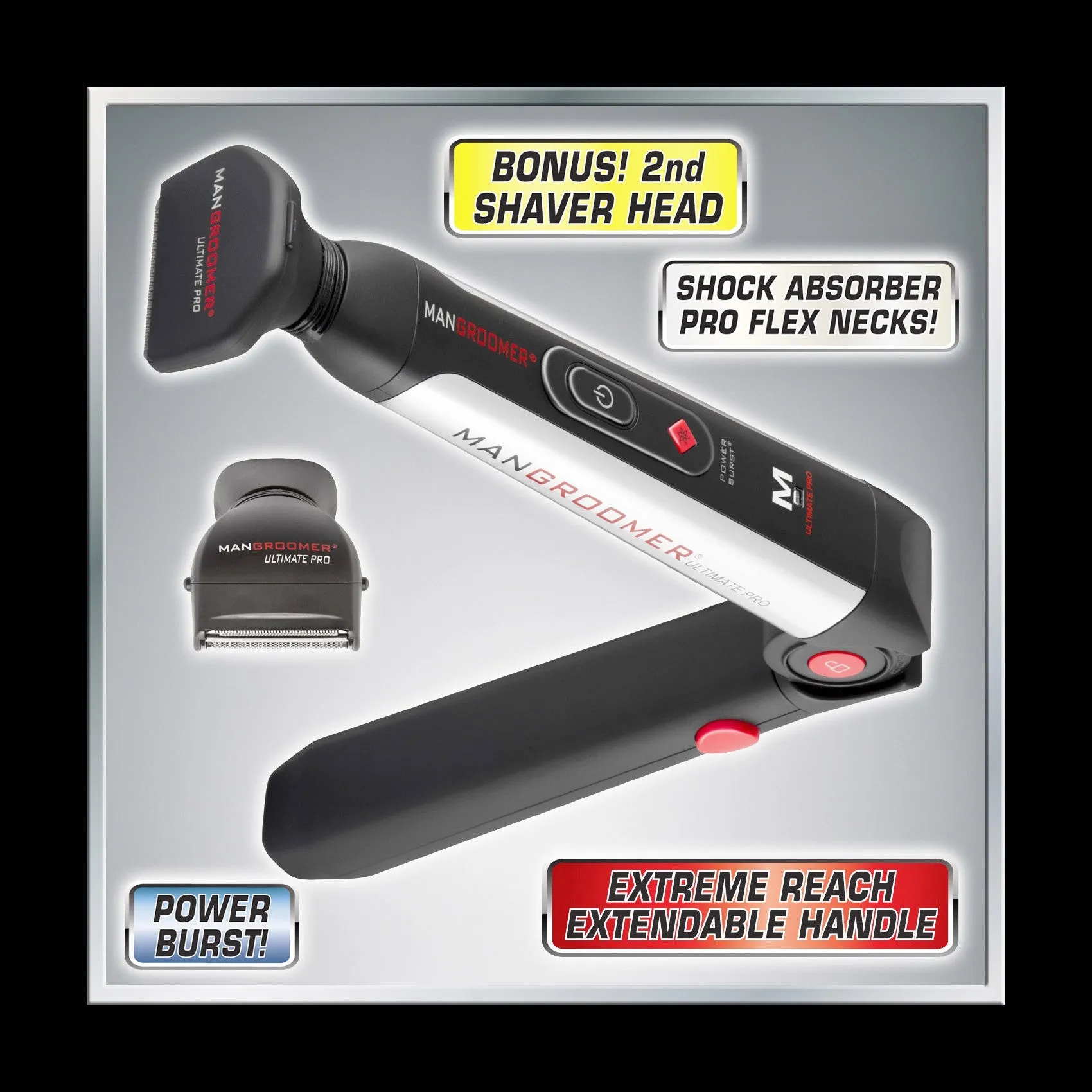 MANGROOMER - ULTIMATE PRO Back Shaver with 2 Shock Absorber Flex Heads, Power Hinge, Extreme Reach Handle and Power Burst