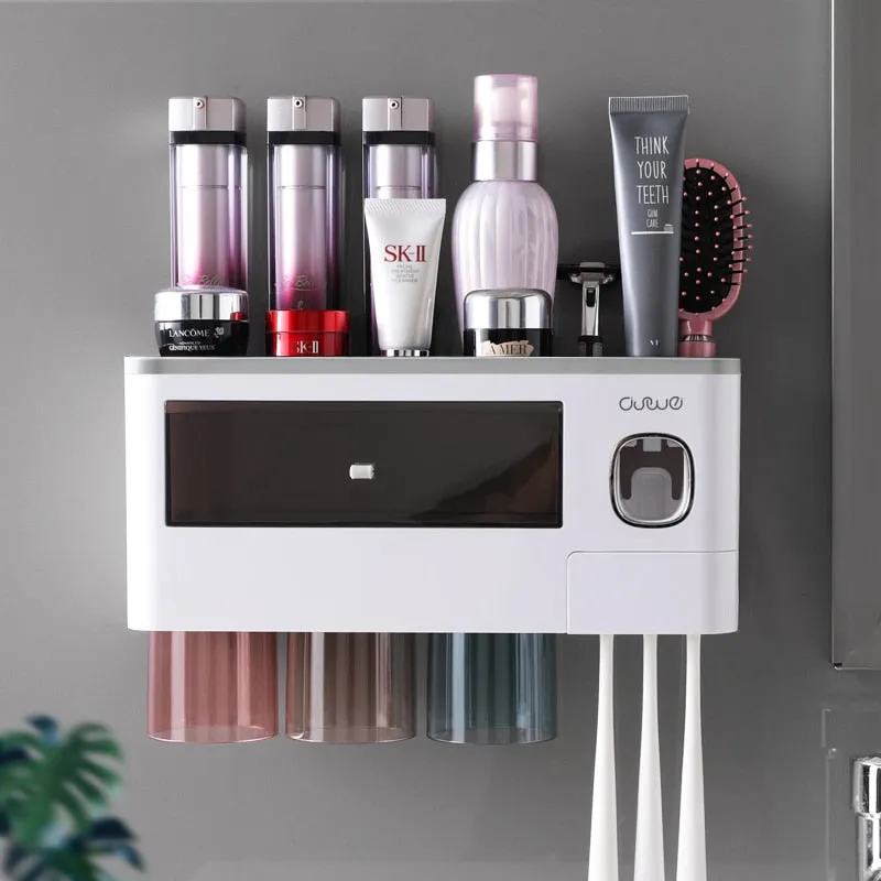 Multifunction Magnetic Toothbrush Holder With Cups Bathroom Accessories Set Automatic Toothpaste Dispenser Squeezer Storage Rack