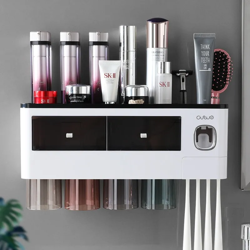 Multifunction Magnetic Toothbrush Holder With Cups Bathroom Accessories Set Automatic Toothpaste Dispenser Squeezer Storage Rack