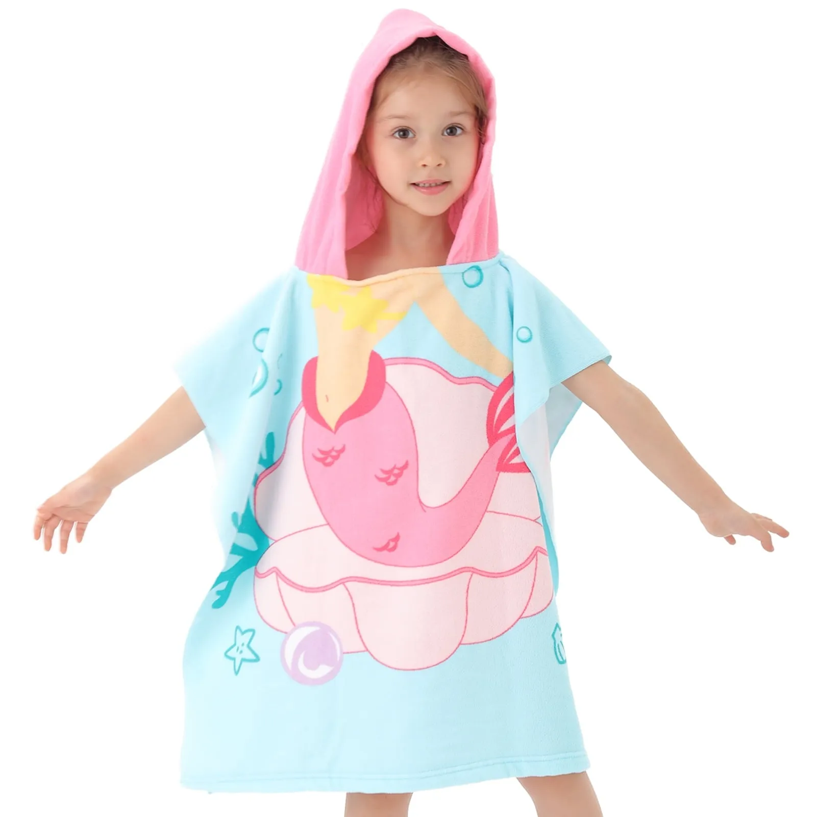 NovForth Mermaid Kids Hooded Beach Towel Pool Bath Towel Soft Absorbent Poncho, 24" x 24", Pink