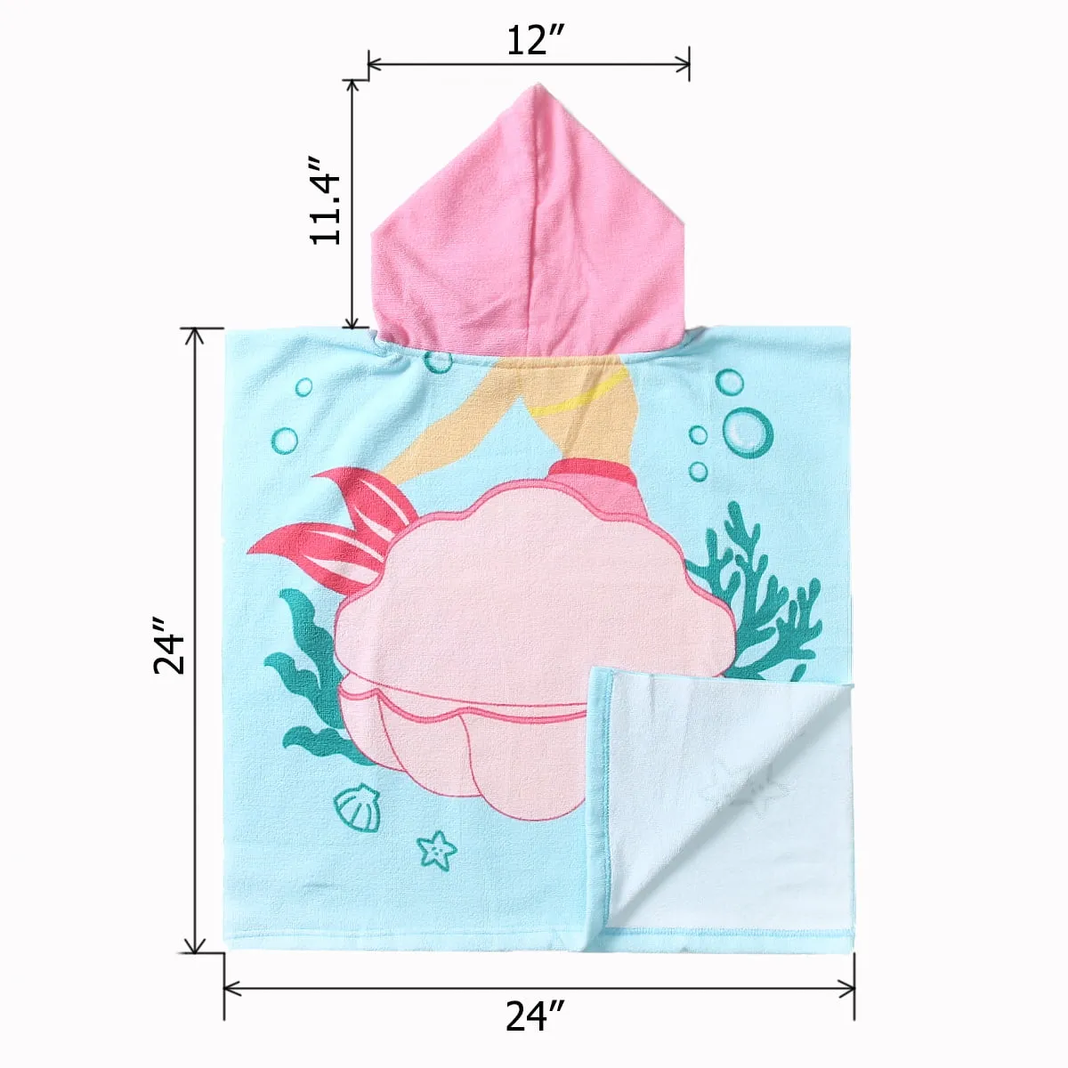 NovForth Mermaid Kids Hooded Beach Towel Pool Bath Towel Soft Absorbent Poncho, 24" x 24", Pink