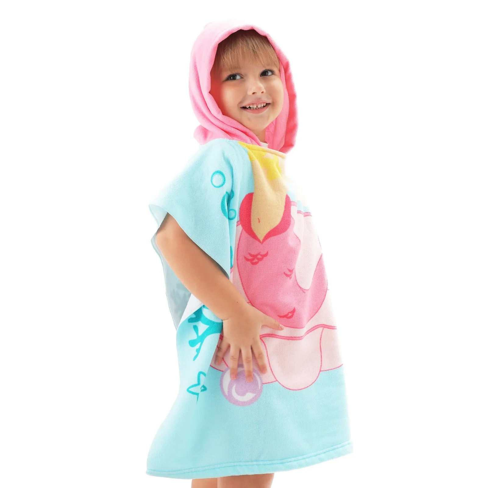 NovForth Mermaid Kids Hooded Beach Towel Pool Bath Towel Soft Absorbent Poncho, 24" x 24", Pink
