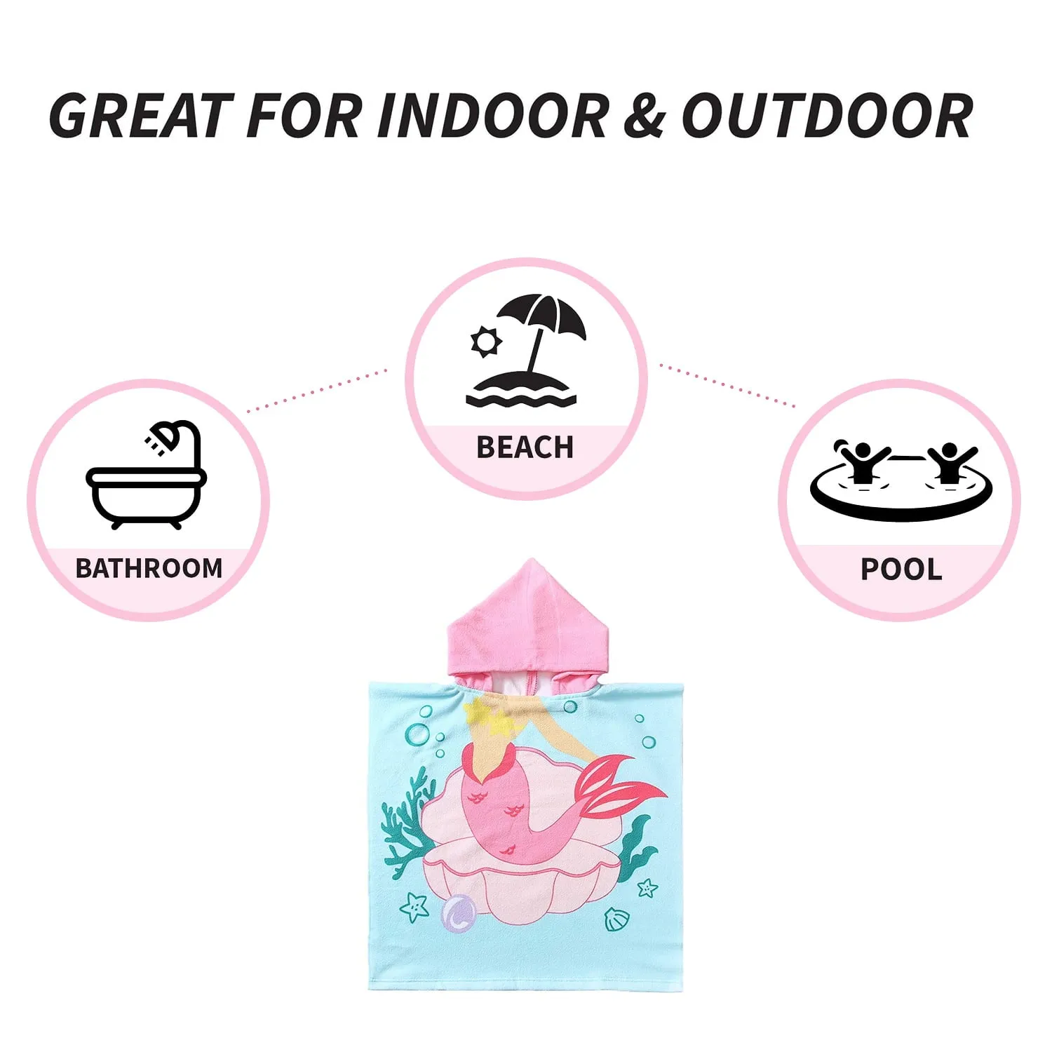 NovForth Mermaid Kids Hooded Beach Towel Pool Bath Towel Soft Absorbent Poncho, 24" x 24", Pink