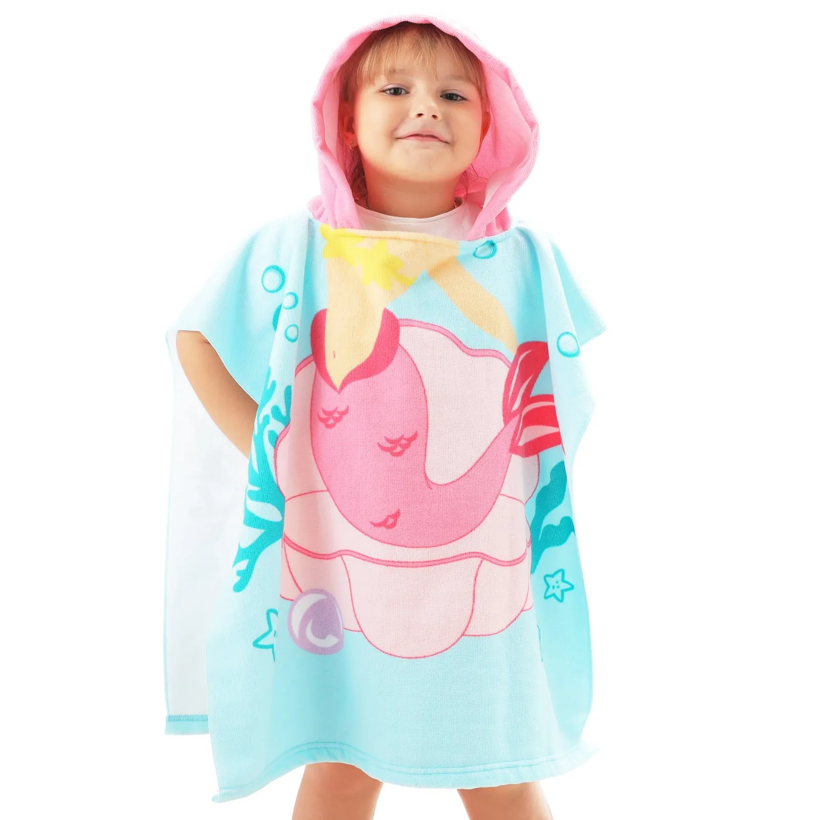 NovForth Mermaid Kids Hooded Beach Towel Pool Bath Towel Soft Absorbent Poncho, 24" x 24", Pink