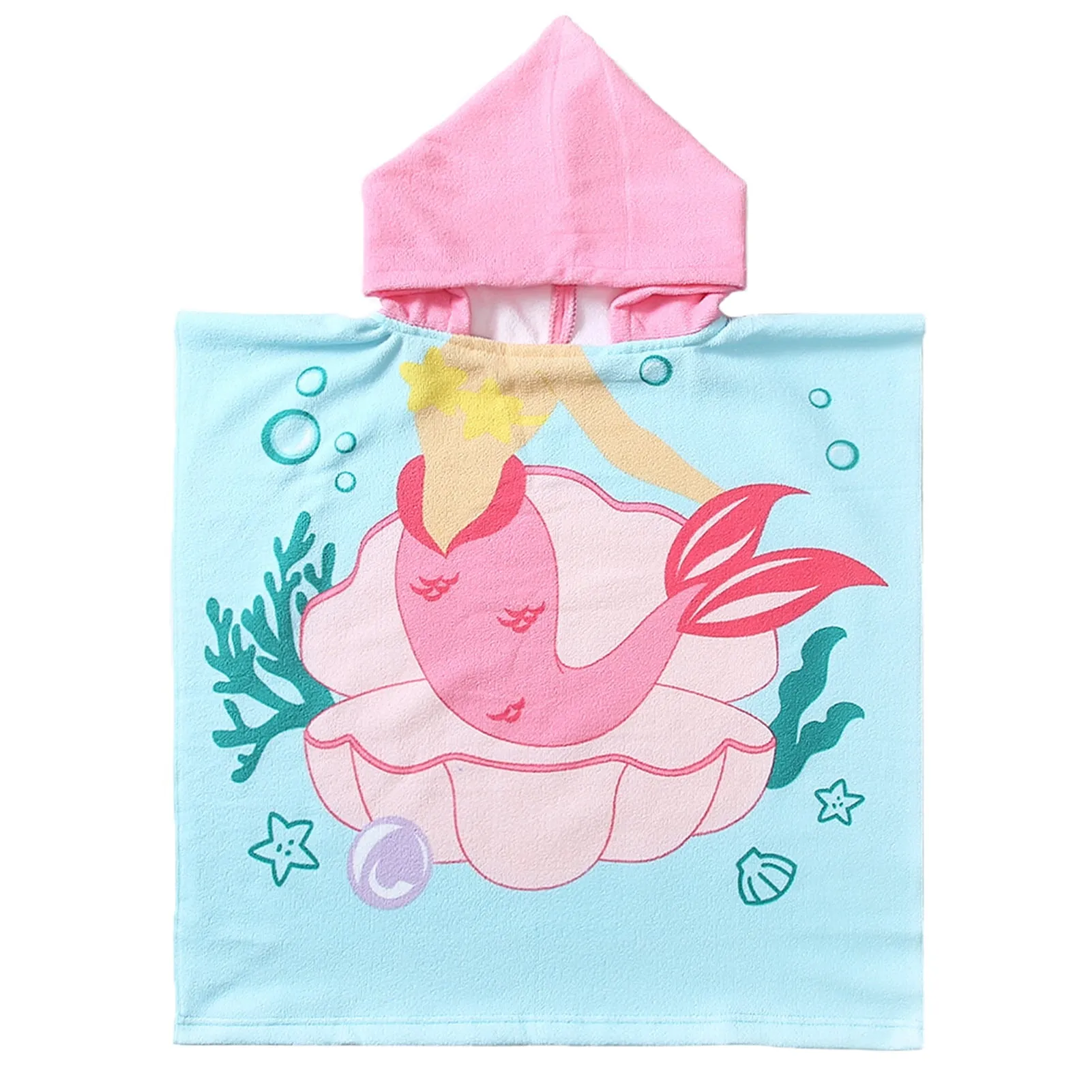 NovForth Mermaid Kids Hooded Beach Towel Pool Bath Towel Soft Absorbent Poncho, 24" x 24", Pink