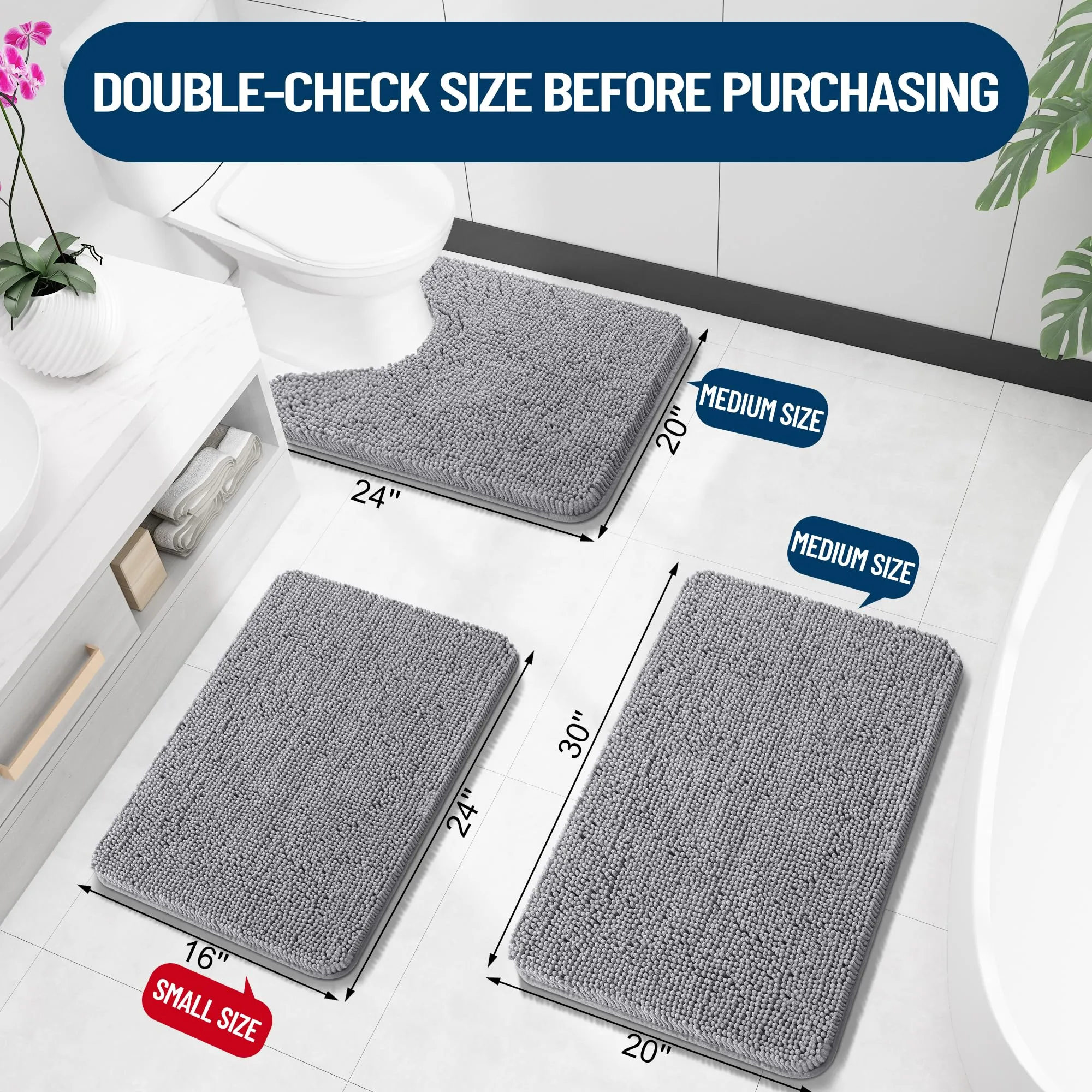 OLANLY Bathroom Rugs 30x20, Extra Soft Absorbent Chenille Bath Rugs, Non-Slip, Dry Quickly, Machine Washable, Bath Mats for Bathroom Floor, Tub and Shower, Grey