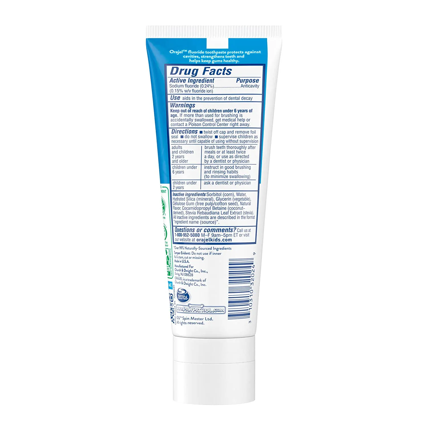 Orajel Kids Paw Patrol Anti-Cavity Fluoride Toothpaste, Natural Fruity Bubble Flavor, 4.2Oz Tube