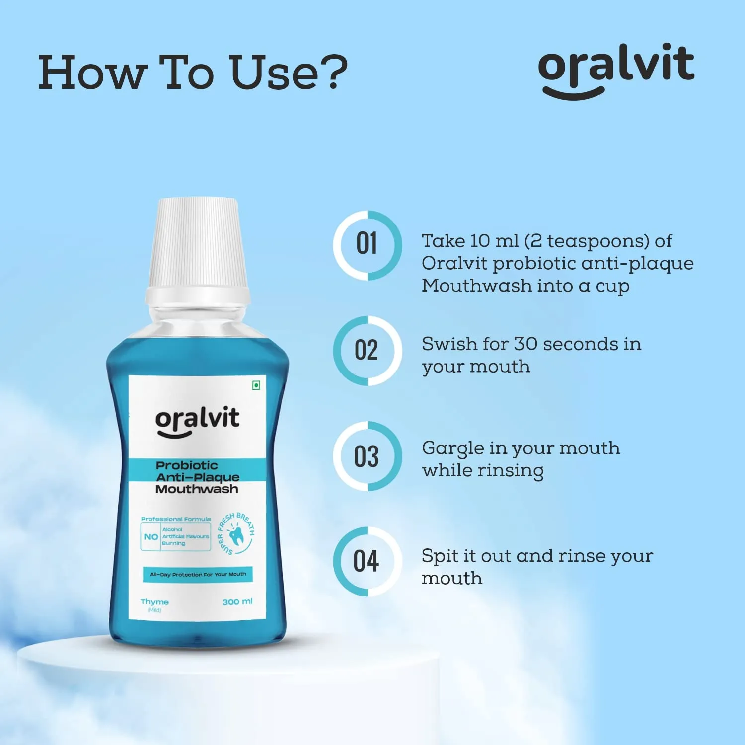 Oralvit Probiotic Anti-Plaque Mouthwash with Mild Thyme | Fights Germs | No Alcohol, No Burning Sensation, No Artificial Flavours |For Men & Women – 300ml (Pack of 3)