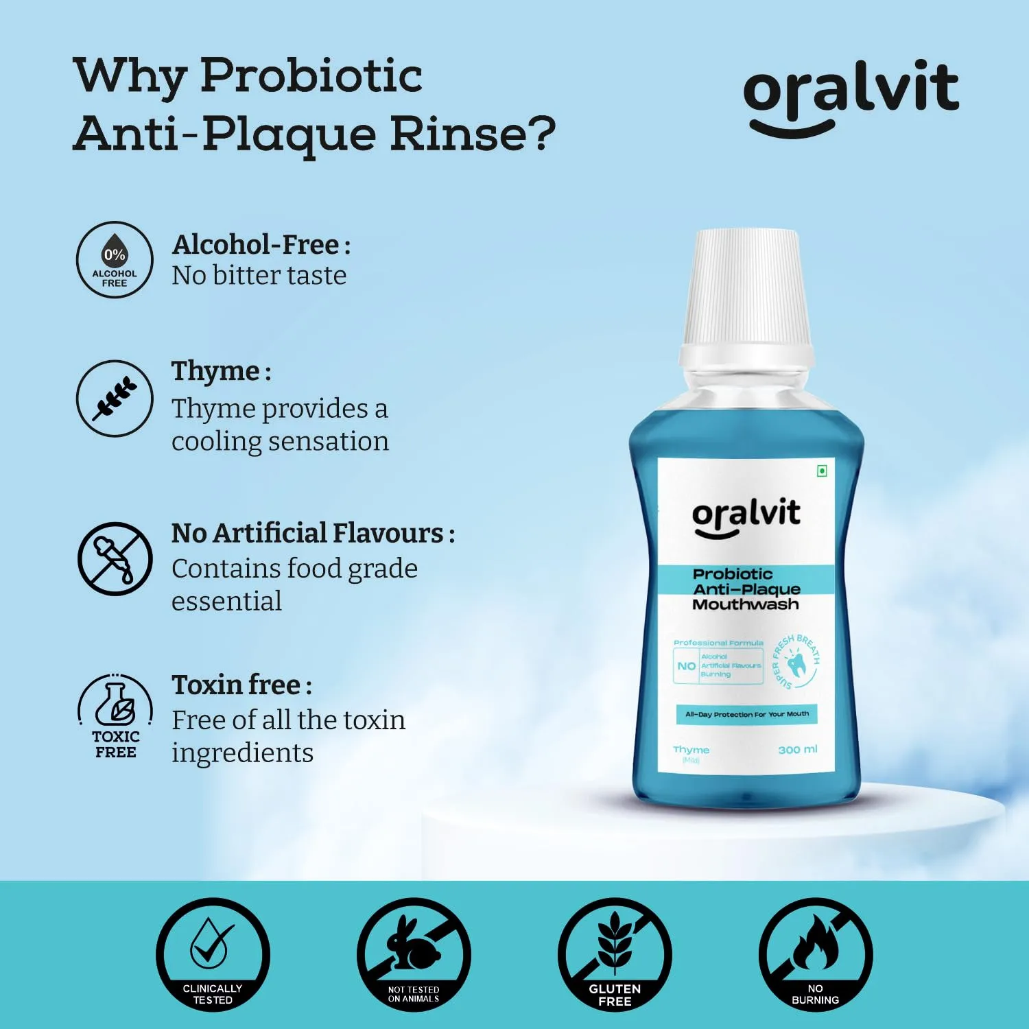 Oralvit Probiotic Anti-Plaque Mouthwash with Mild Thyme | Fights Germs | No Alcohol, No Burning Sensation, No Artificial Flavours |For Men & Women – 300ml (Pack of 3)