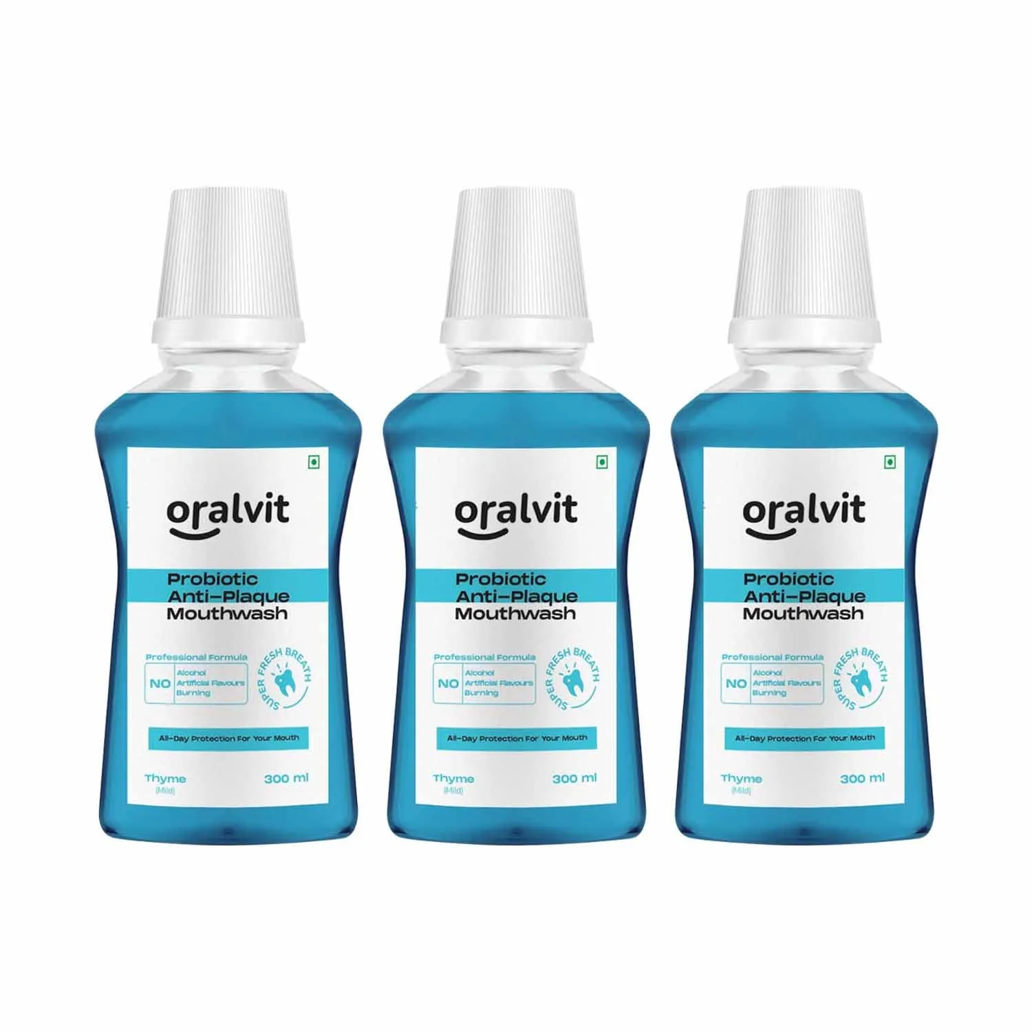 Oralvit Probiotic Anti-Plaque Mouthwash with Mild Thyme | Fights Germs | No Alcohol, No Burning Sensation, No Artificial Flavours |For Men & Women – 300ml (Pack of 3)
