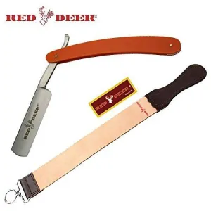 Orange Red Deer Shaving Barber Vintage Straight Razor & Red Deer Leather Strop