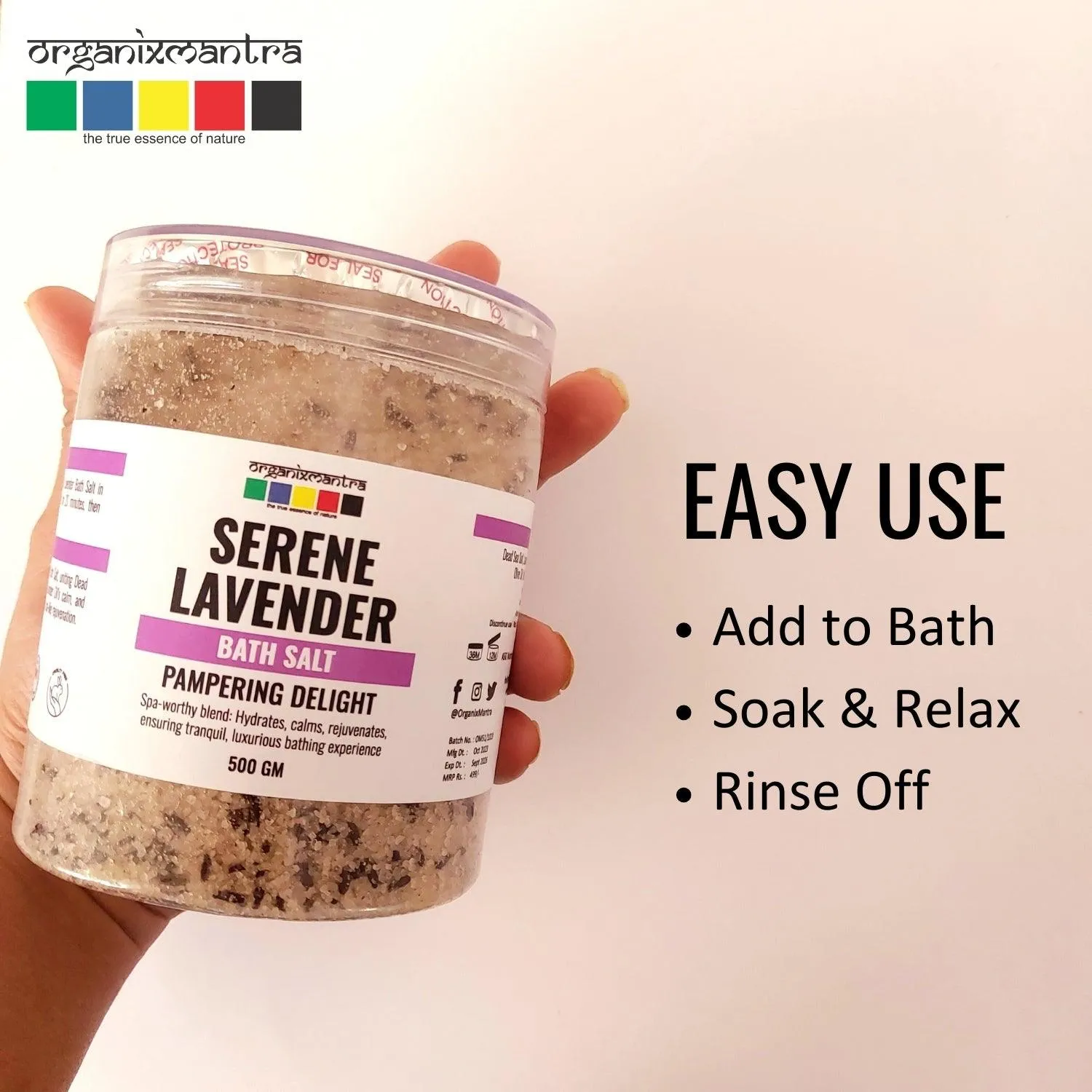 Organix Mantra Relaxing Lavender Bath Salt | Enriched with Dead Sea Minerals, Olive Oil & Vitamin E, with Calming Lavender Buds| Soothing Hydration & Luxurious Relaxation Soak - 500G