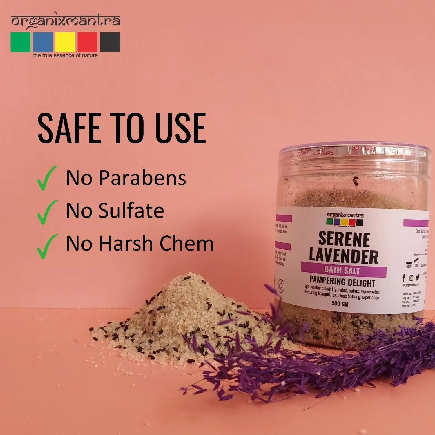 Organix Mantra Relaxing Lavender Bath Salt | Enriched with Dead Sea Minerals, Olive Oil & Vitamin E, with Calming Lavender Buds| Soothing Hydration & Luxurious Relaxation Soak - 500G