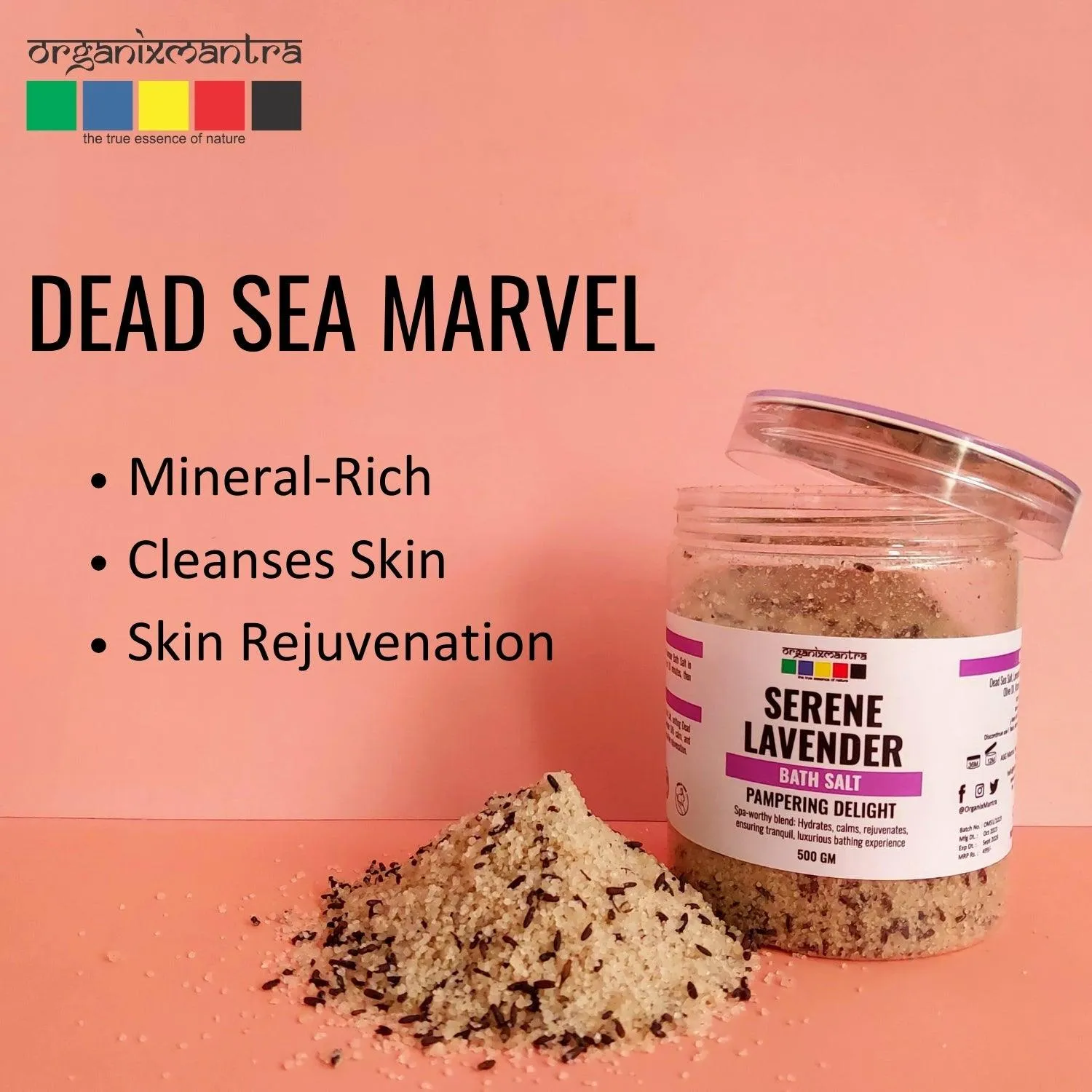 Organix Mantra Relaxing Lavender Bath Salt | Enriched with Dead Sea Minerals, Olive Oil & Vitamin E, with Calming Lavender Buds| Soothing Hydration & Luxurious Relaxation Soak - 500G