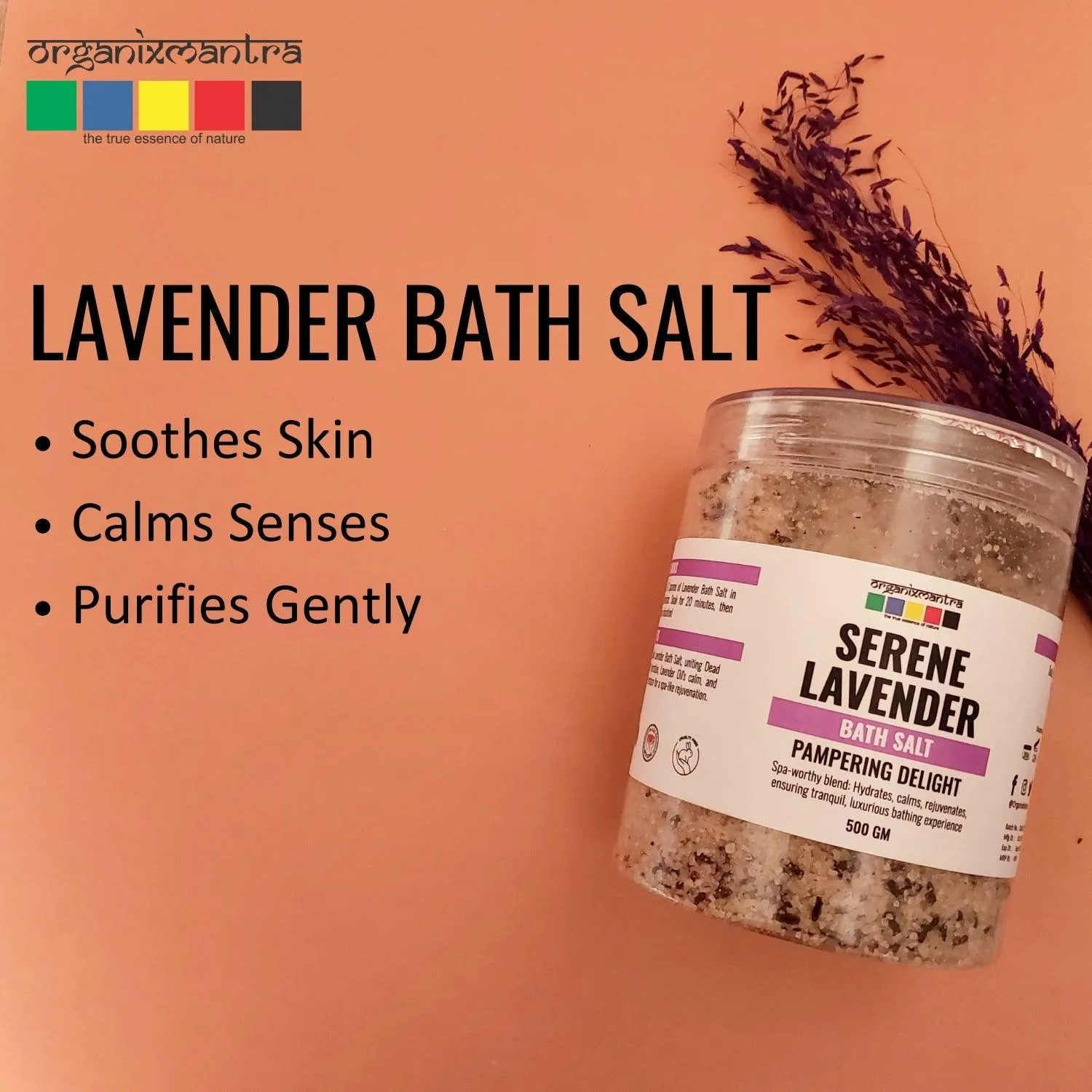 Organix Mantra Relaxing Lavender Bath Salt | Enriched with Dead Sea Minerals, Olive Oil & Vitamin E, with Calming Lavender Buds| Soothing Hydration & Luxurious Relaxation Soak - 500G