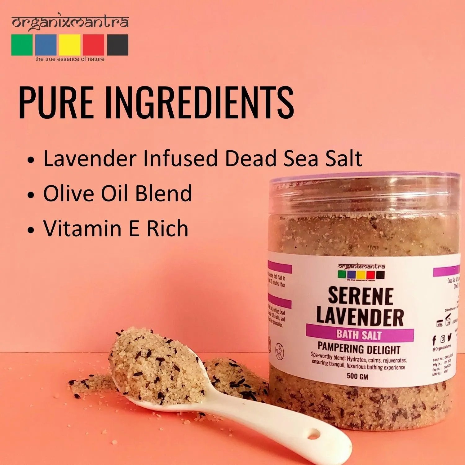 Organix Mantra Relaxing Lavender Bath Salt | Enriched with Dead Sea Minerals, Olive Oil & Vitamin E, with Calming Lavender Buds| Soothing Hydration & Luxurious Relaxation Soak - 500G