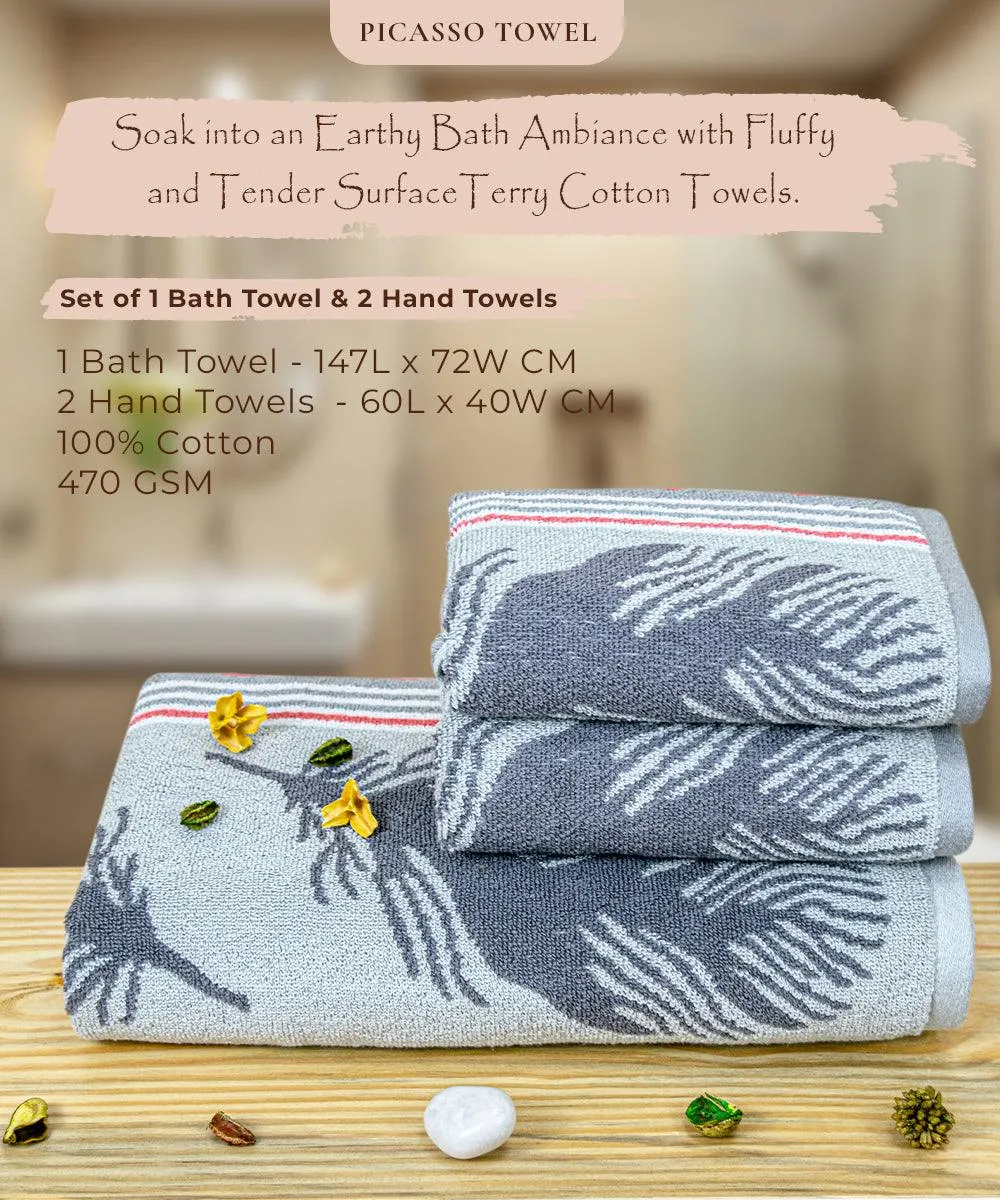 Picasso 100% Cotton Bath Towel Set of 3, 470 GSM (1 Bath & 2 Hand)