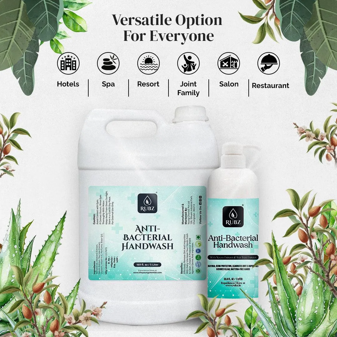 Rubz Antibacterial Handwash Refill Pack 5 Litre with 500ml bottle | Paraben Free Liquid Gel | Complete Protection for Soft Hands | Best for Hotel, Spa, Salon, Family, Gym | Total 5.5 Litre
