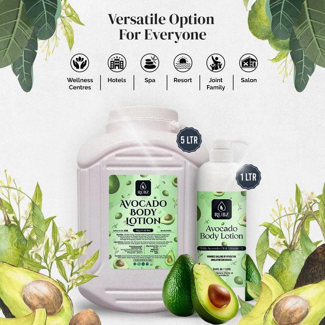 Rubz Avocado Body Milk with goodness of Pure Avocado Oil 5 Kg | Bulk Body Lotion 5 Litre with Refillable 200g Plastic Jar | Best for Hotel, Spa, Salon