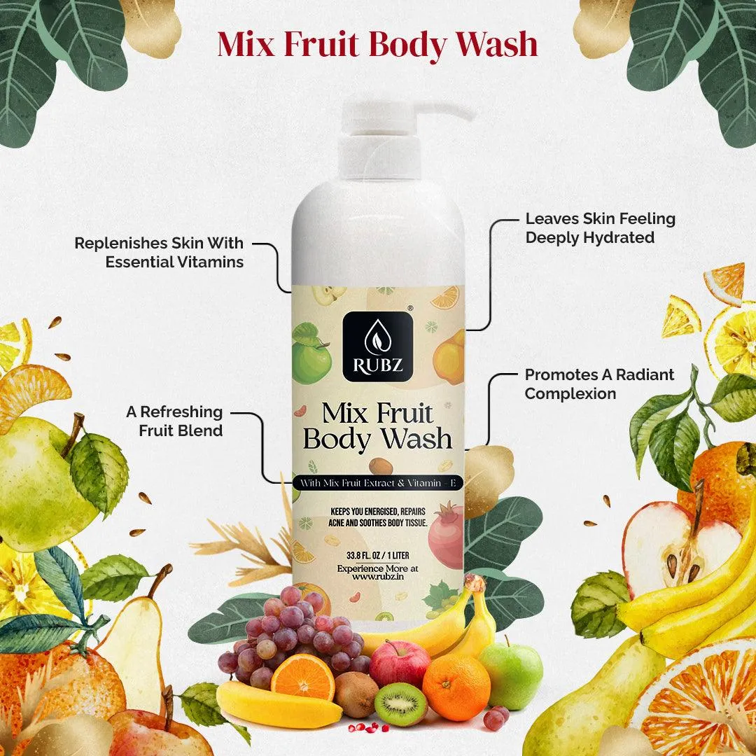 Rubz Mix Fruit Body Wash Refill Pack 5L | Liquid Soap | Shower Gel | with Refillable 500 ml Plastic Bottle | Best for Hotel, Spa, Salon, Joint Family | SLS Free | Paraben Free
