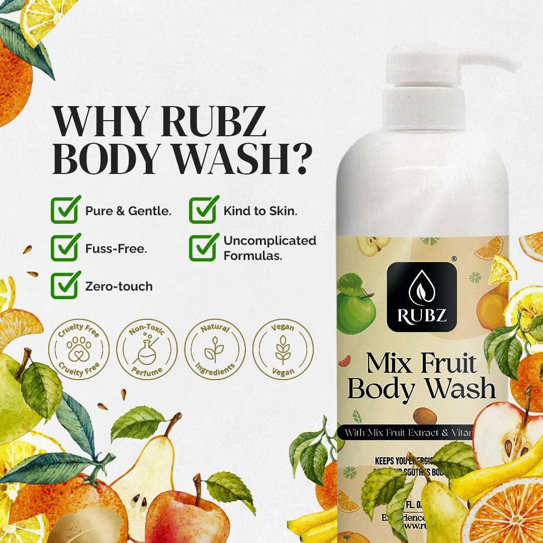Rubz Mix Fruit Body Wash Refill Pack 5L | Liquid Soap | Shower Gel | with Refillable 500 ml Plastic Bottle | Best for Hotel, Spa, Salon, Joint Family | SLS Free | Paraben Free