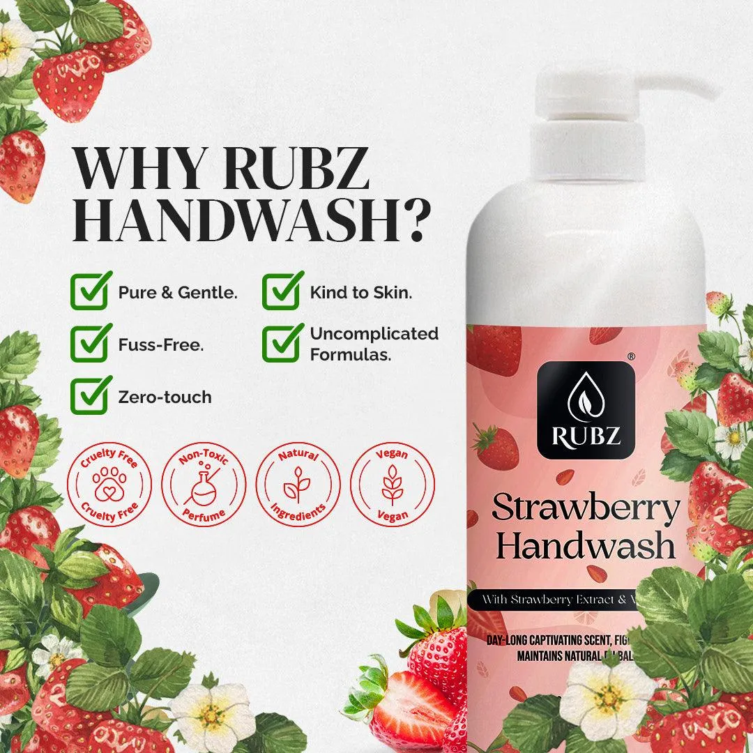 Rubz Strawberry Handwash | With the Goodness of Strawberry Extract | Paraben Free Liquid Gel | Complete Protection for Soft Hands | Best for Hotel,Spa,Salon,Family, Gym | 1 Litre