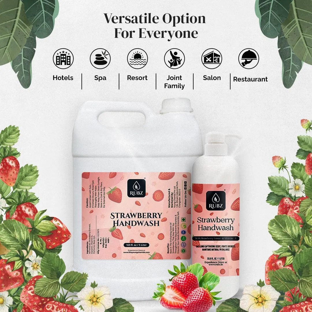 Rubz Strawberry Handwash | With the Goodness of Strawberry Extract | Paraben Free Liquid Gel | Complete Protection for Soft Hands | Best for Hotel,Spa,Salon,Family, Gym | 1 Litre