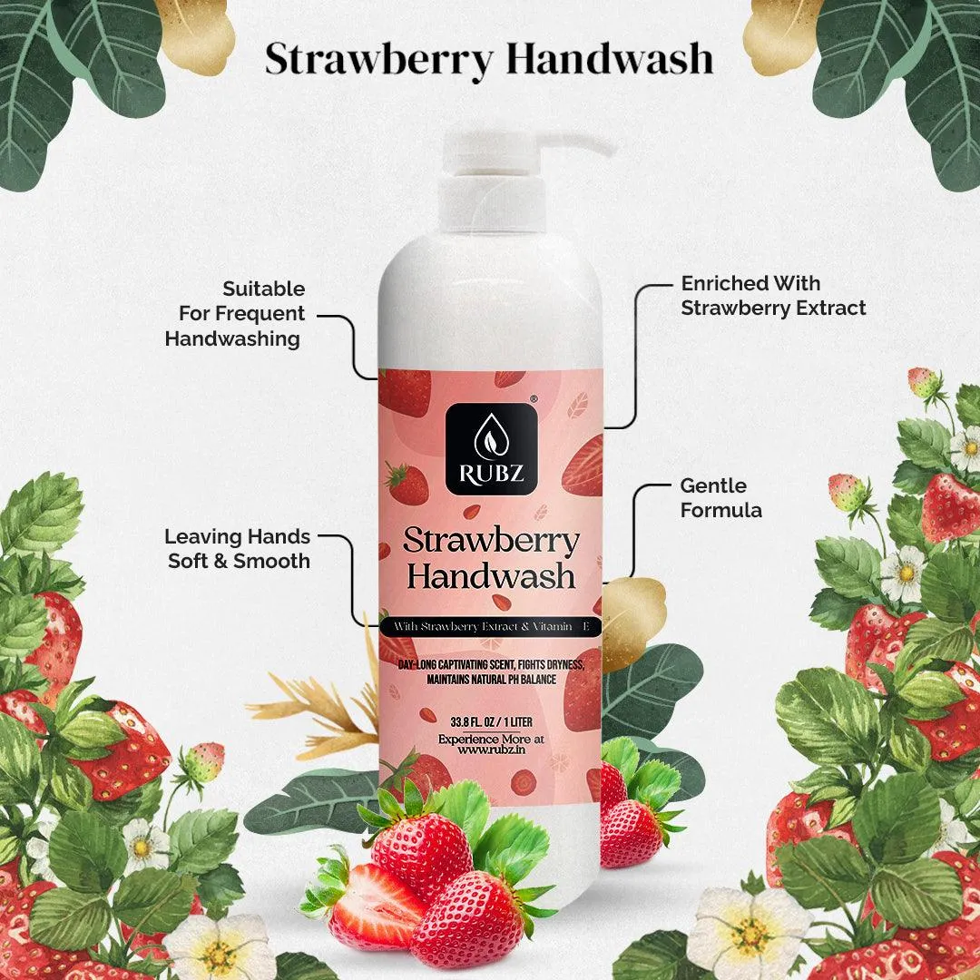 Rubz Strawberry Handwash | With the Goodness of Strawberry Extract | Paraben Free Liquid Gel | Complete Protection for Soft Hands | Best for Hotel,Spa,Salon,Family, Gym | 1 Litre