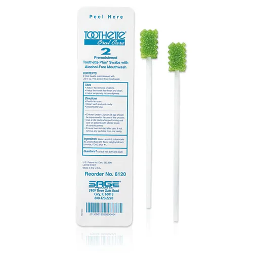 Sage Products Toothette Plus Swab with Alcohol-free Mouthwash, Distinct Ridges - Packet of 2 Swabs