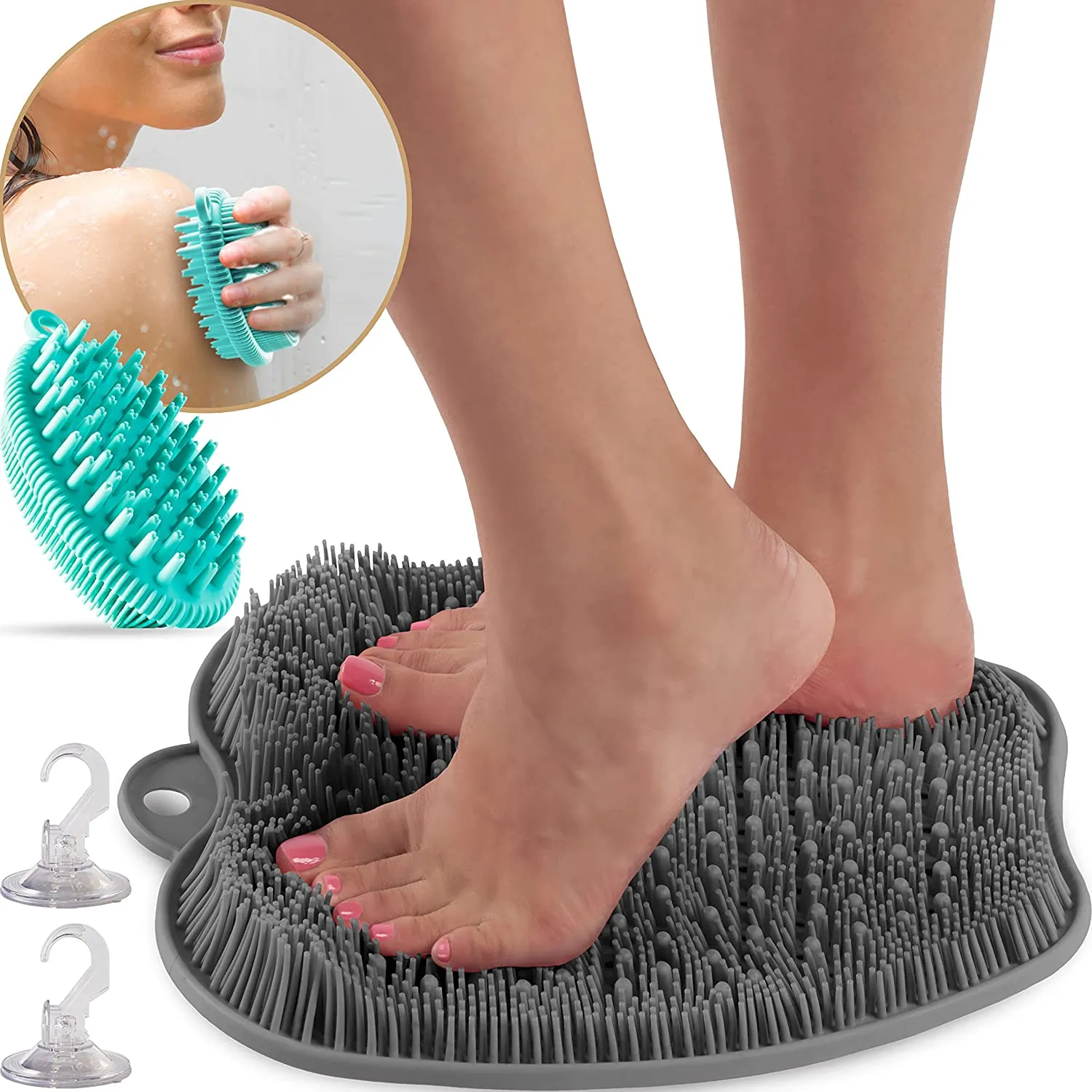 Shower Foot Massager Scrubber - Improves Foot Circulation & Reduces Foot Pain - Soothes Tired Achy Feet And Scrubs Feet Clean - Non Slip With Suction Cups