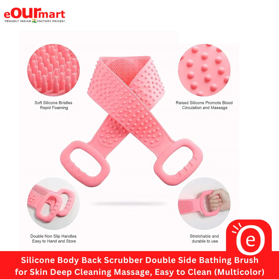 Silicone Body Back Scrubber Double Side Bathing Brush for Skin Deep Cleaning Massage, Dead Skin Removal Exfoliating Belt for Shower, Easy to Clean (BODY BACK BELT SCRUBBER- MULTICOLOR)