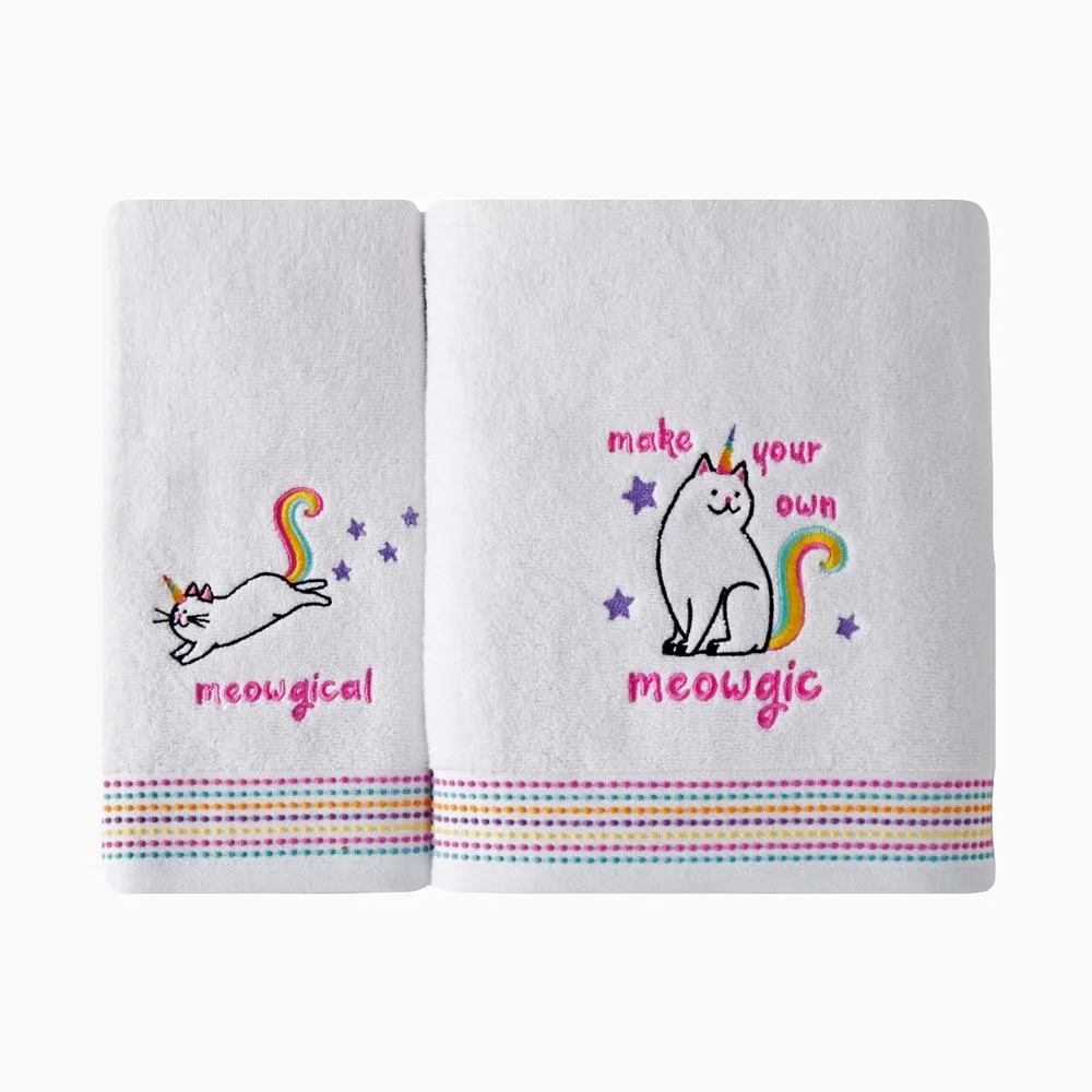 SKL Home Saturday Knight Ltd Meowgic Mythical Caticorn Design With woven Multicolored Stripes Bath Towel - 27x50", White