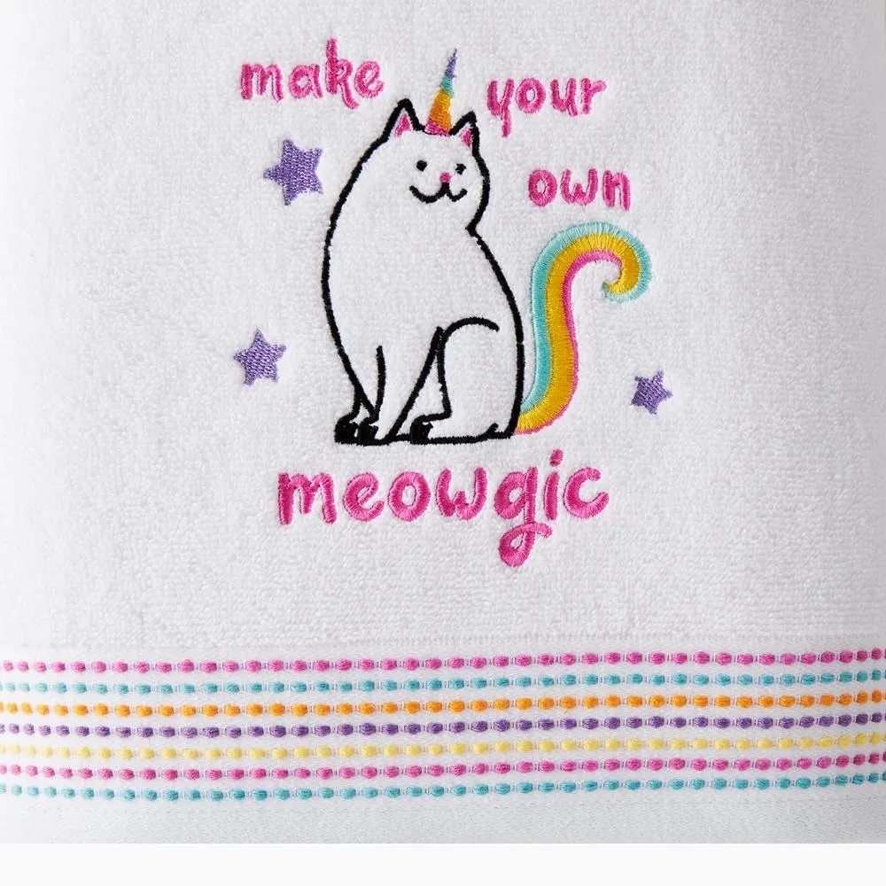 SKL Home Saturday Knight Ltd Meowgic Mythical Caticorn Design With woven Multicolored Stripes Bath Towel - 27x50", White