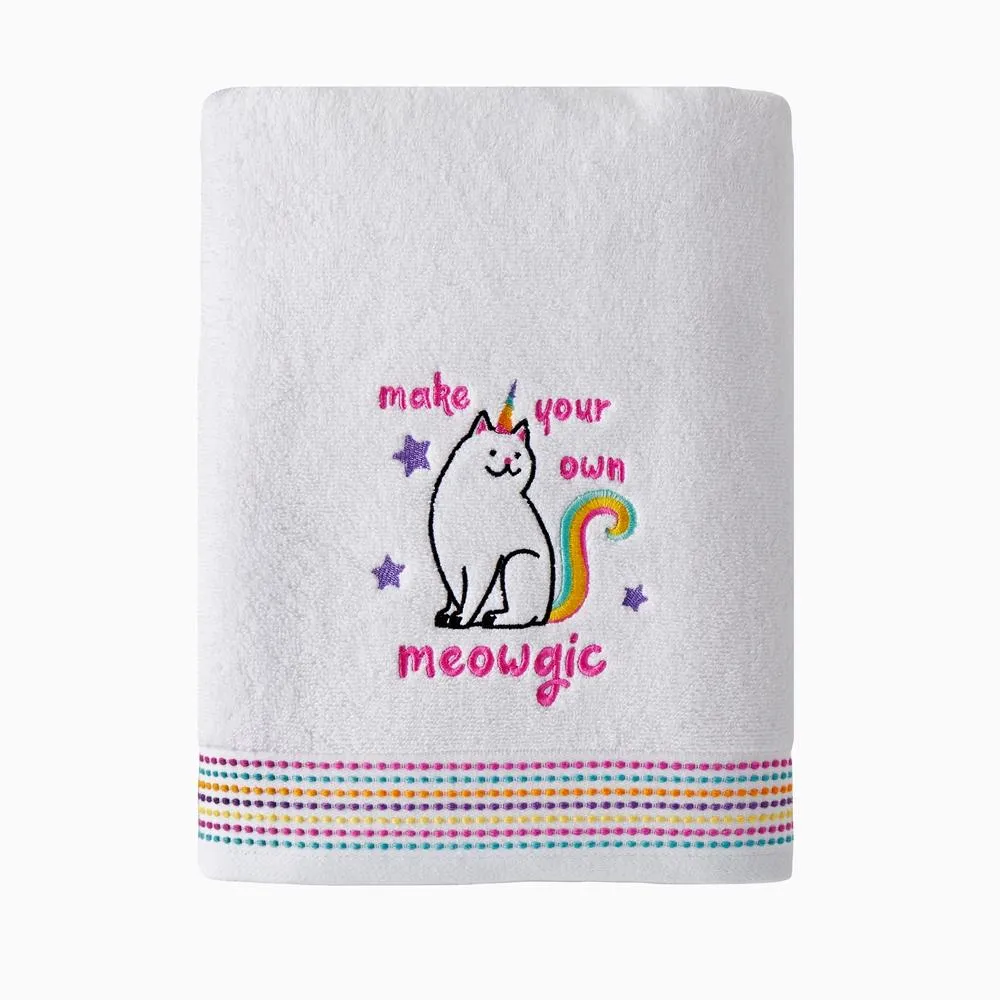 SKL Home Saturday Knight Ltd Meowgic Mythical Caticorn Design With woven Multicolored Stripes Bath Towel - 27x50", White