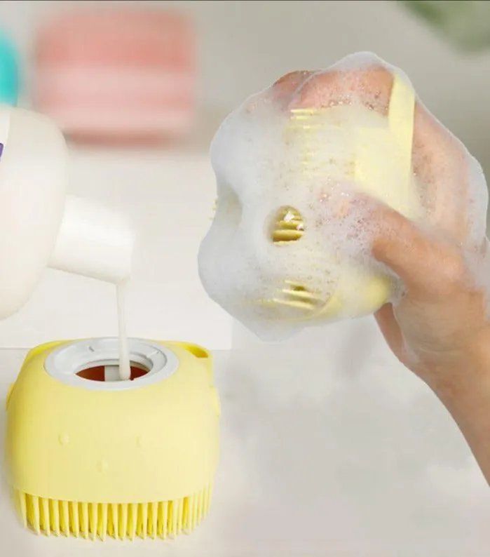Soft Silicone Bristles Bath Brush Comb Scrubber Shampoo Dispenser
