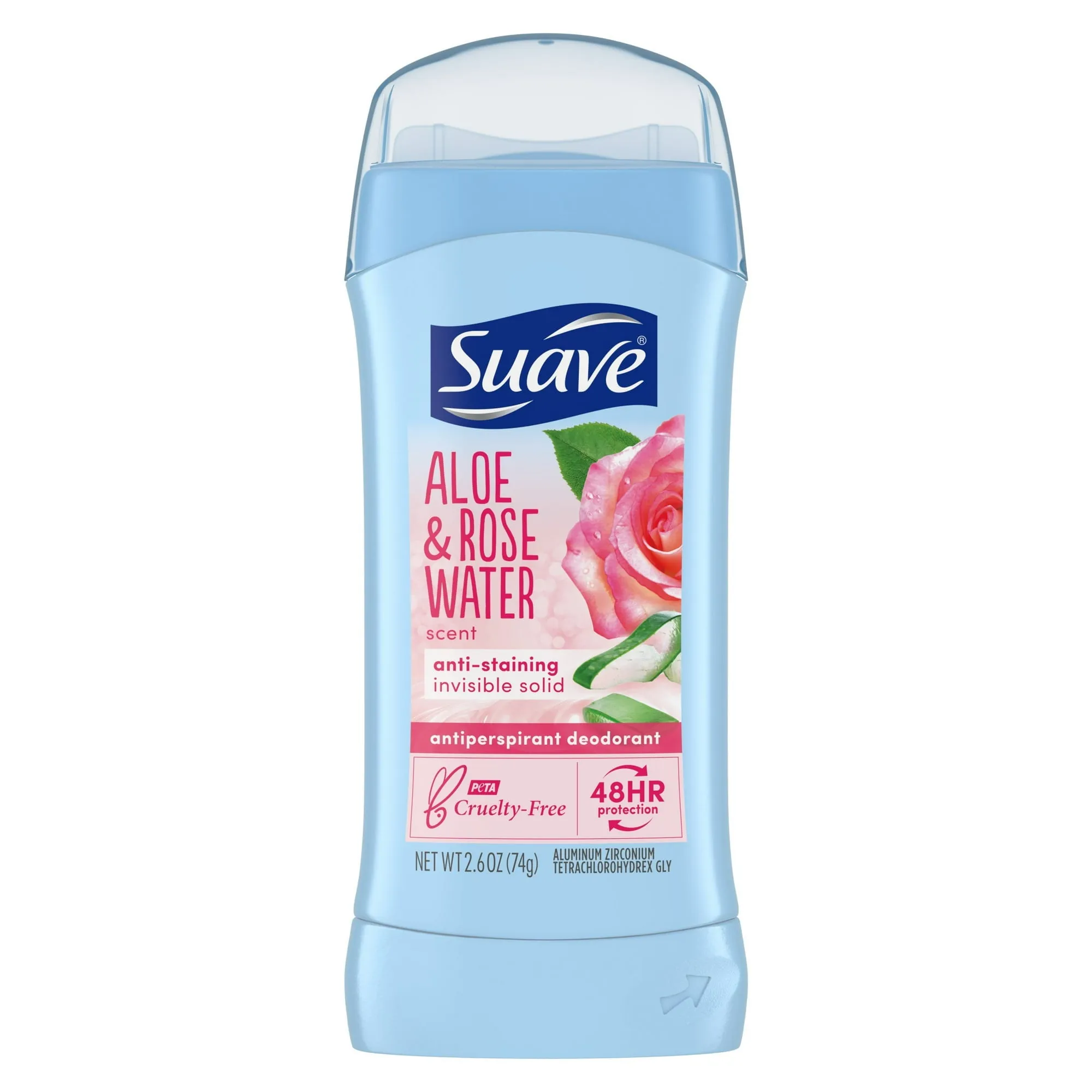 Suave Invisible Solid Antiperspirant Deodorant Aloe & Rose Water, Unisex, 2.6 oz