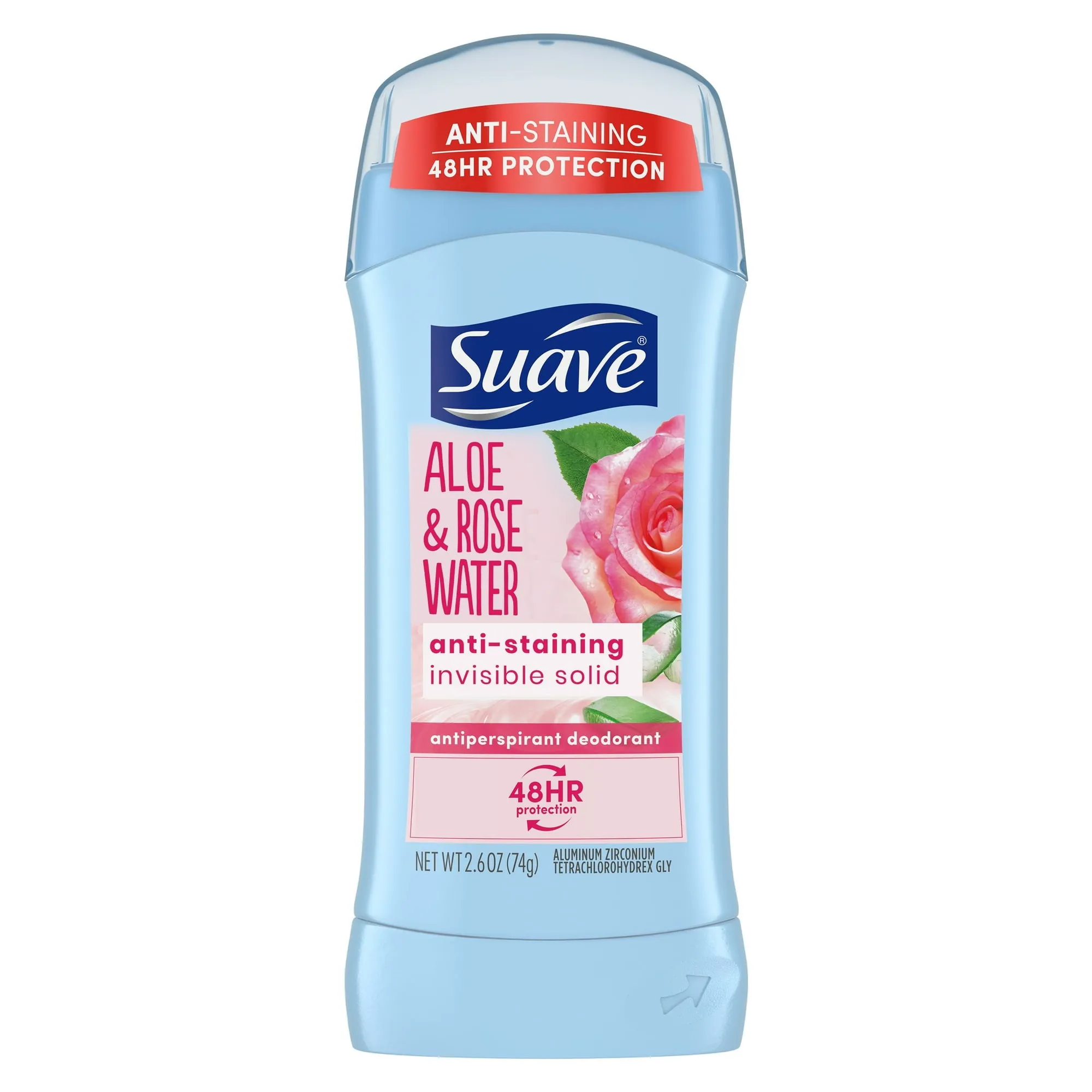 Suave Invisible Solid Antiperspirant Deodorant Aloe & Rose Water, Unisex, 2.6 oz