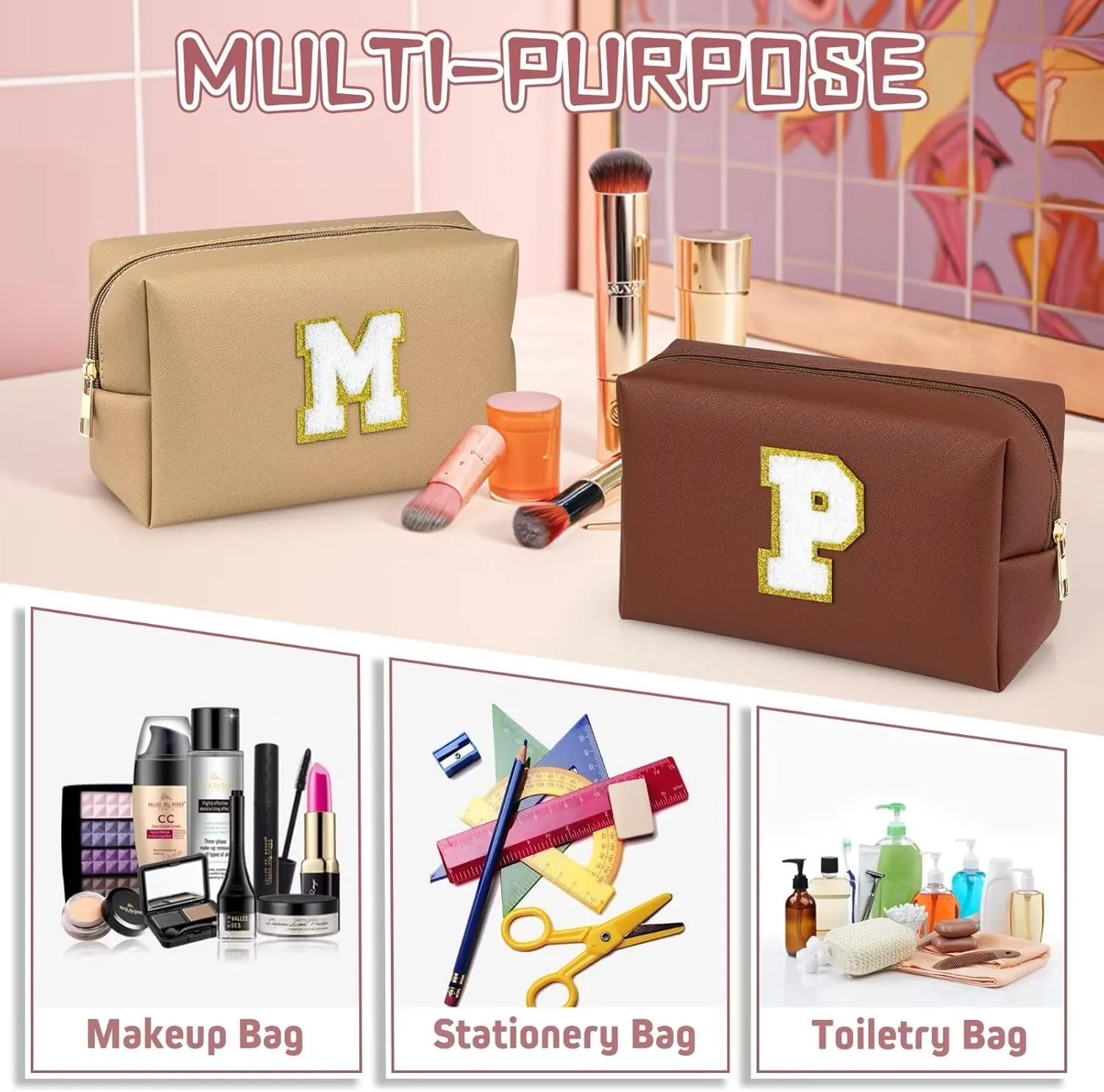 TOPEAST Travel Makeup Bag, Personalized Initial Toiletry Bag w Zipper, Cute Makeup Pouch, PU Leather Waterproof Cosmetic Bag, Birthday Gift for Daughter, Preppy Things for Girls (Brown G)