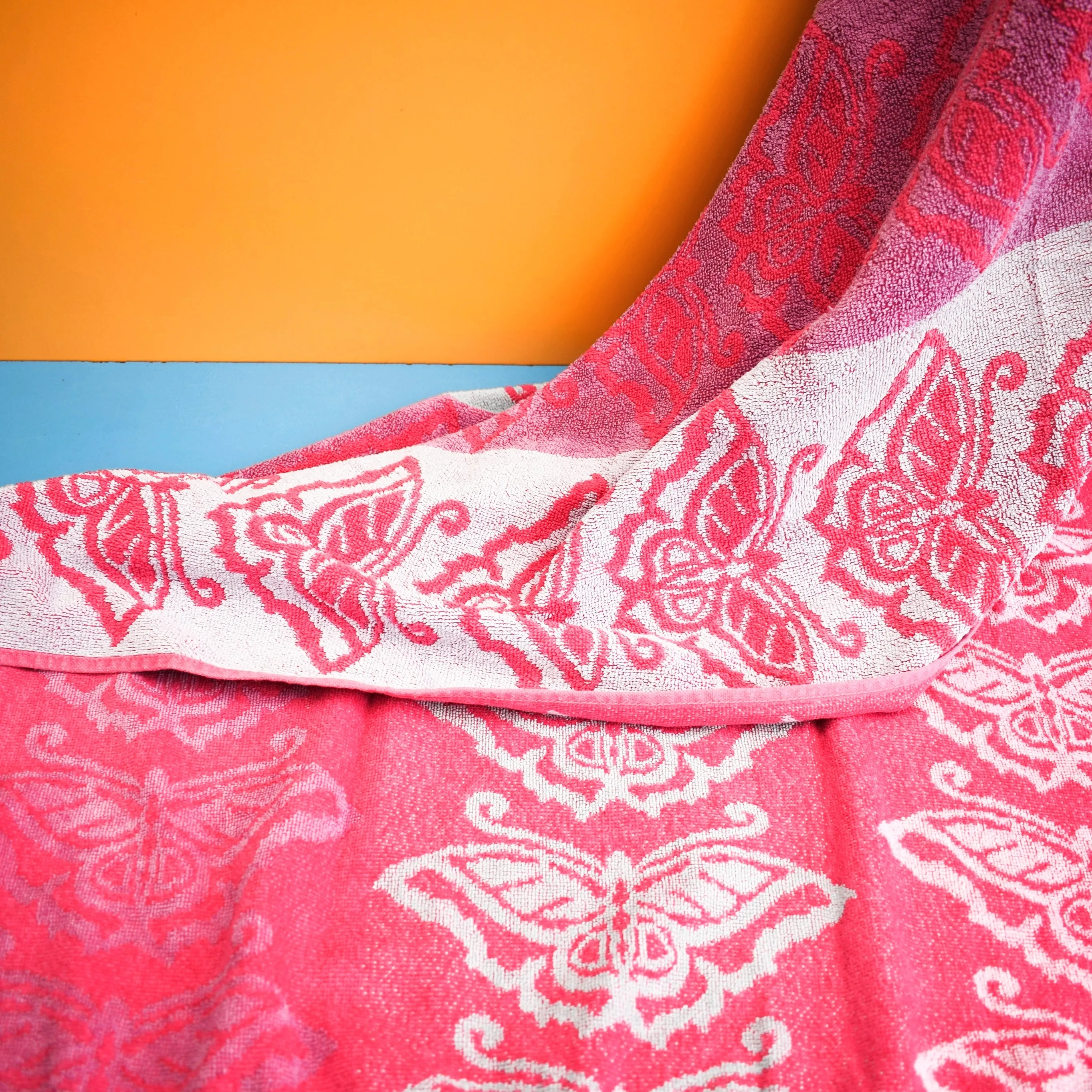 Vintage 1970s Bath Towel - Pink Butterfly