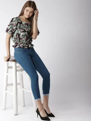Women Black & Green Printed Crop Blouson Top