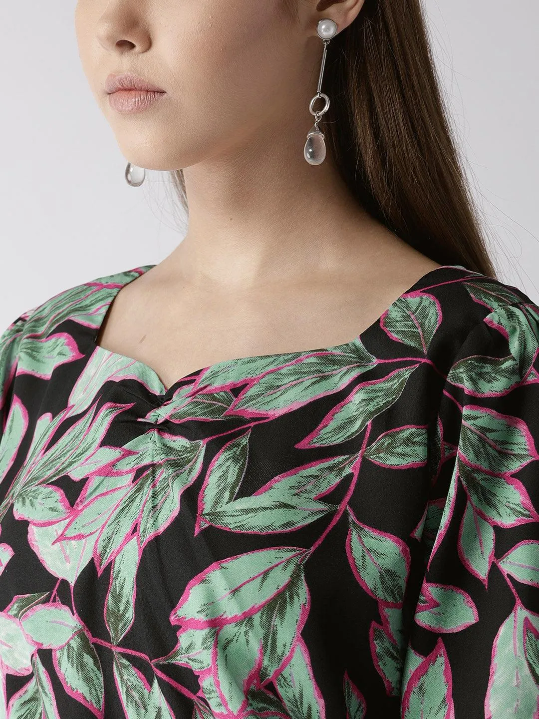 Women Black & Green Printed Crop Blouson Top