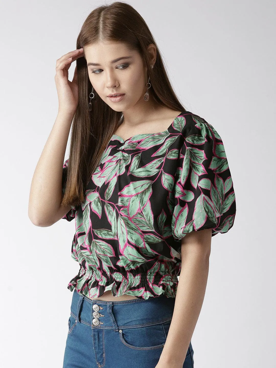 Women Black & Green Printed Crop Blouson Top