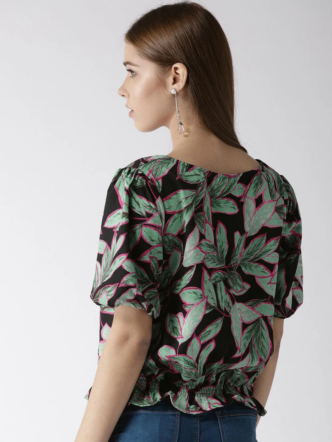Women Black & Green Printed Crop Blouson Top